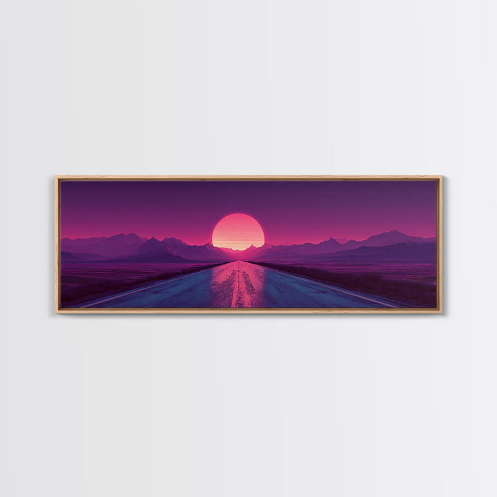 Magenta Desert Road Wall Art, Retro Futuristic Mountain Sunset Canvas Print, Synthwave Decor, Large Horizontal Wall Art Print