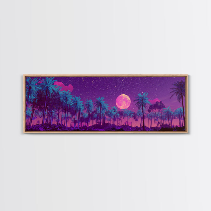 Magenta Moonlit Palm Forest Wall Art, Tropical Night Landscape, Celestial Decor, Purple Jungle, Boho Bedroom Wall Decor, Canvas Print