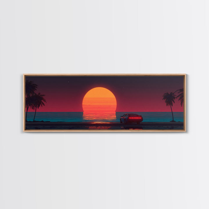 Retro Car At Neon Ocean Sunset Canvas Print, Synthwave Wall Art, Vaporwave Beach Decor, Masculine Office Art Gift For Him