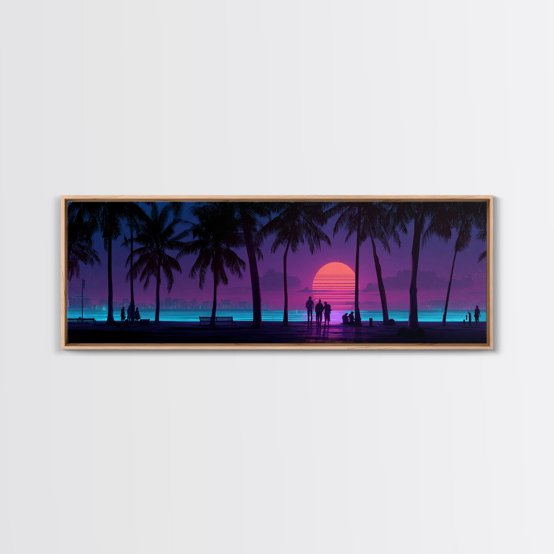 Retro Tropical Beach Sunset Canvas Print, Palm Tree Wall Art, Coastal Wall Decor, Purple Pink Modern Bedroom Wall Art Print