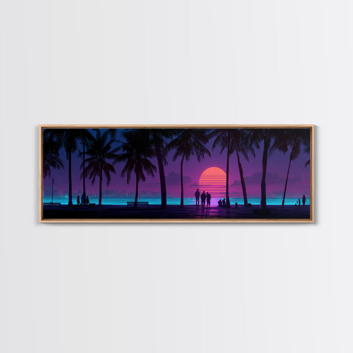 Retro Tropical Beach Sunset Canvas Print, Palm Tree Wall Art, Coastal Wall Decor, Purple Pink Modern Bedroom Wall Art Print