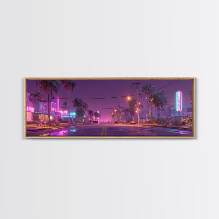 Neon Palm Street At Dusk Canvas Print, Retro Miami Cityscape, Cyberpunk Wall Art, Vaporwave Decor For Living Room Modern Home Decor