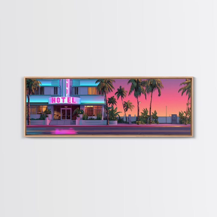 Neon Pink Hotel Facade Wall Art, Retro Miami Palm Canvas Print, Tropical Travel Poster Decor, Coastal Motel Room Print Home Decor Gift