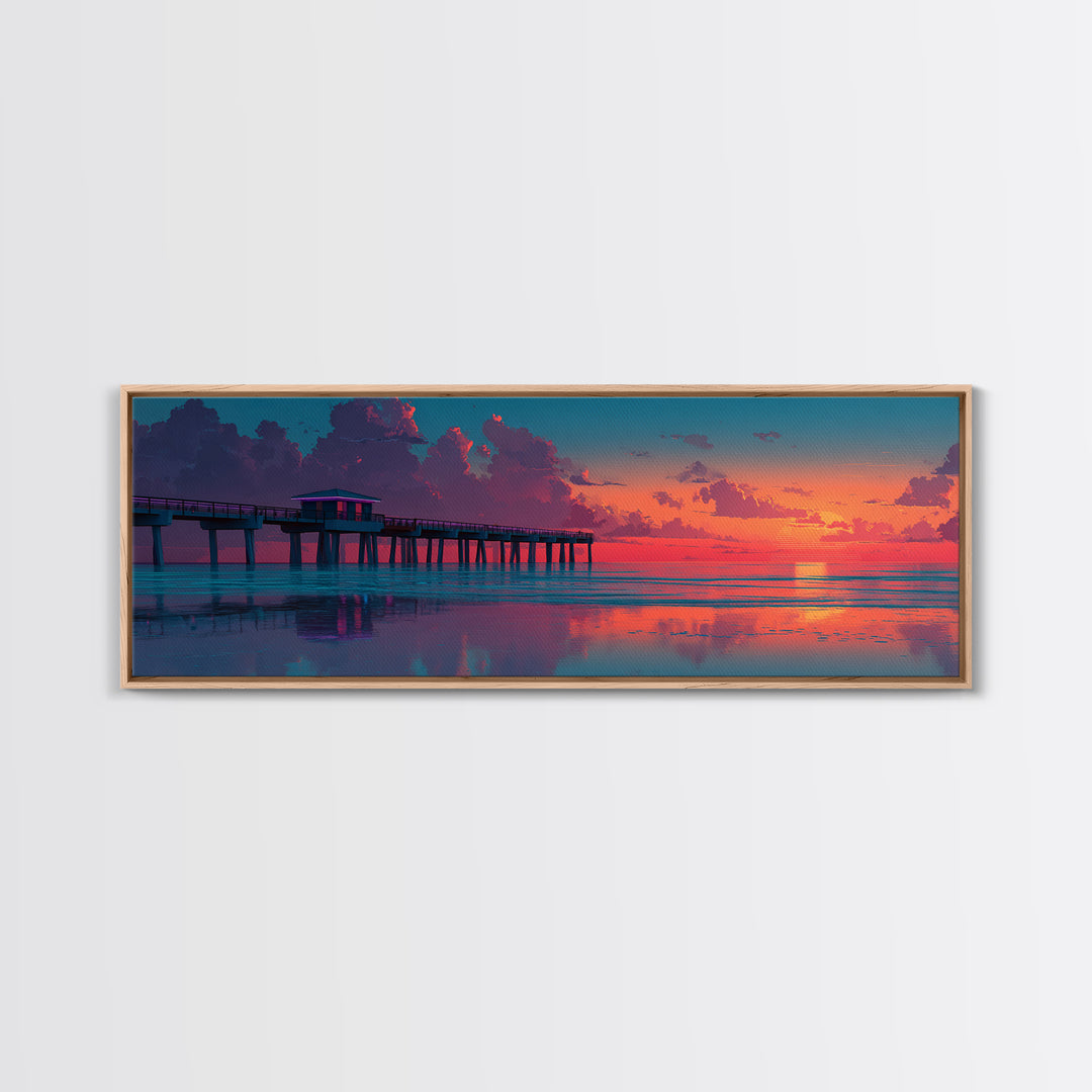 Sunset Pier Ocean Reflection Canvas Print, Coastal Wall Art, Beach House Decor, Seascape Painting, Nautical Living Room Art