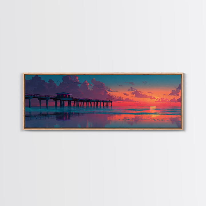 Sunset Pier Ocean Reflection Canvas Print, Coastal Wall Art, Beach House Decor, Seascape Painting, Nautical Living Room Art