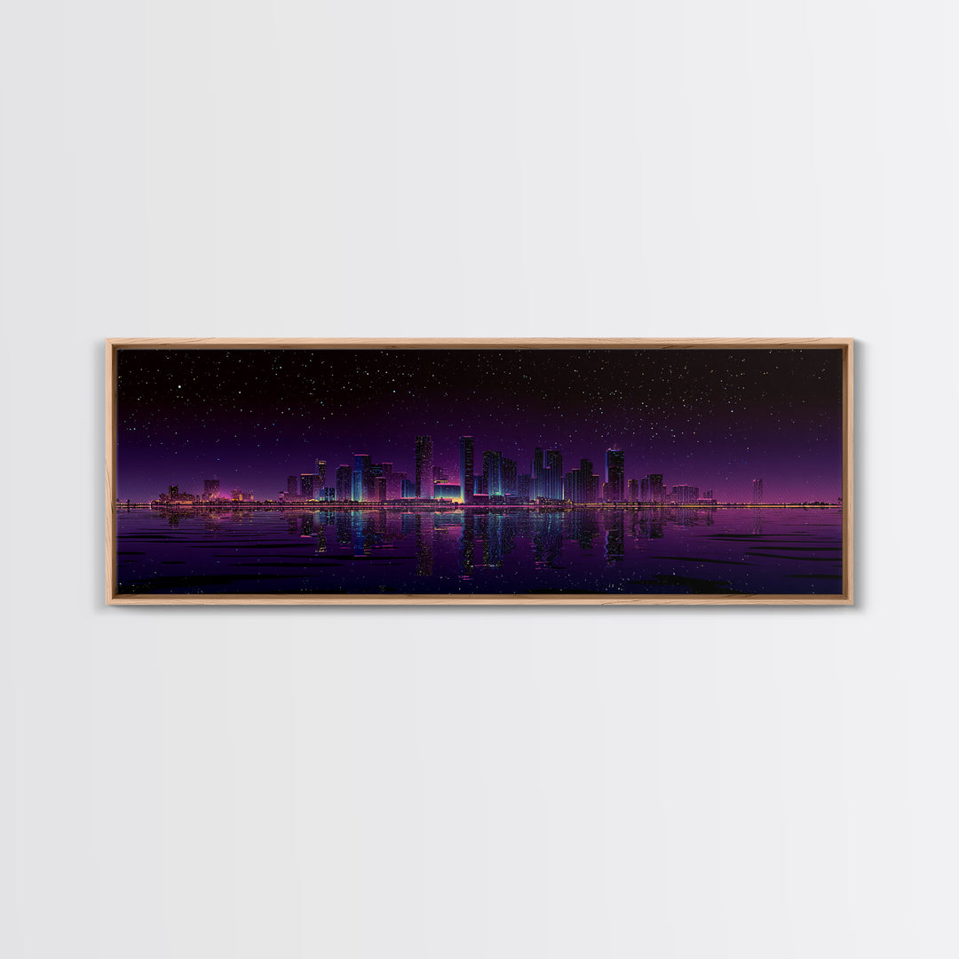Starry Purple City Skyline Canvas Print, Panoramic Urban Night Wall Art, Modern Office Decor, Large Cityscape Poster Print