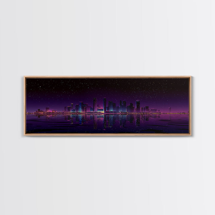 Starry Purple City Skyline Canvas Print, Panoramic Urban Night Wall Art, Modern Office Decor, Large Cityscape Poster Print