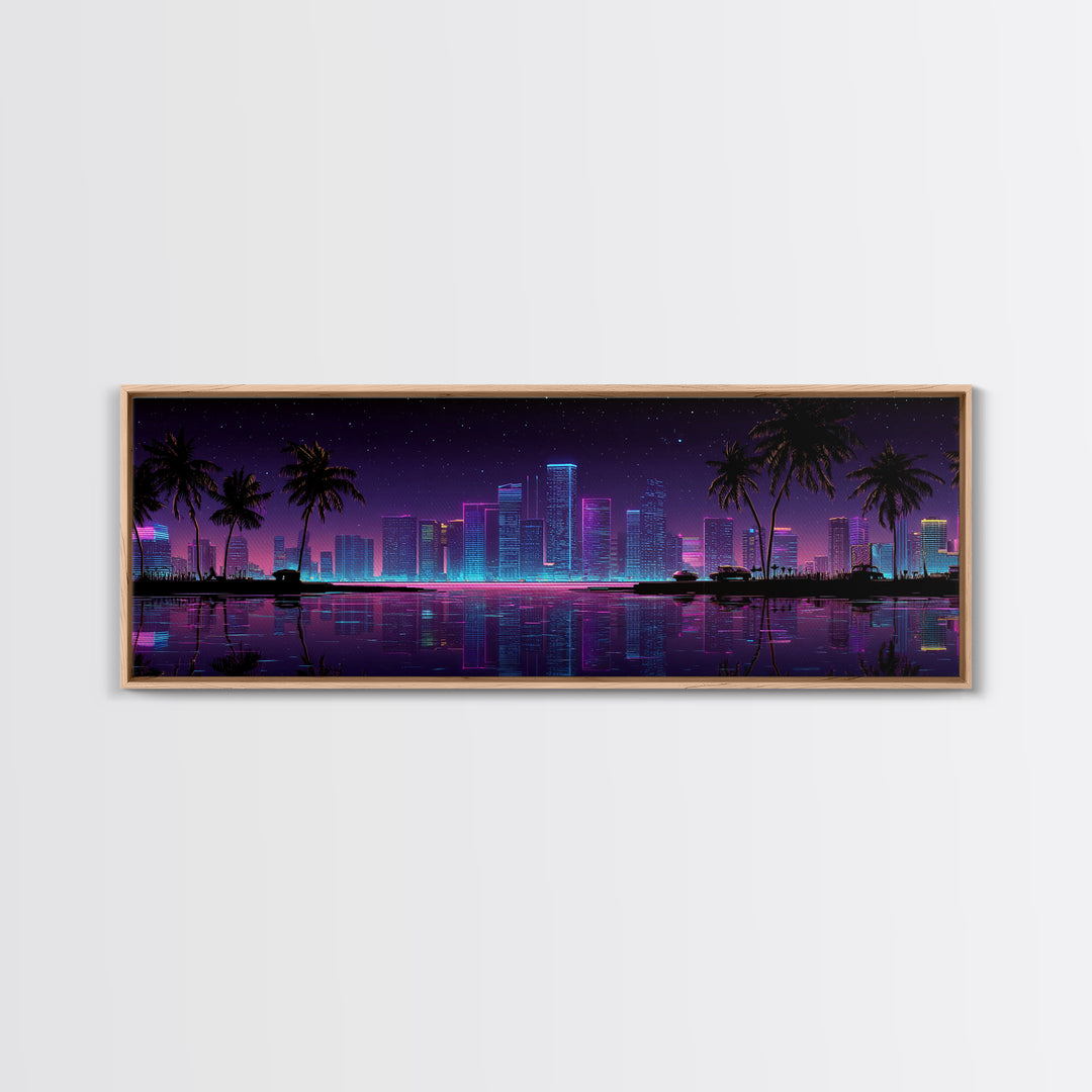 Neon Tropical City Skyline Canvas Print, Cyberpunk Wall Art With Palm Trees, Vaporwave Decor For Gaming Room And Apartment Decor