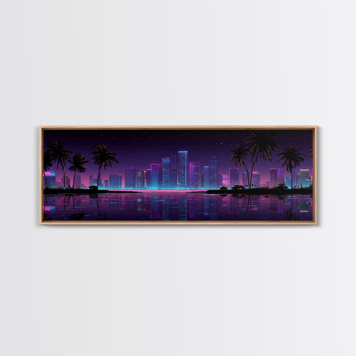 Neon Tropical City Skyline Canvas Print, Cyberpunk Wall Art With Palm Trees, Vaporwave Decor For Gaming Room And Apartment Decor