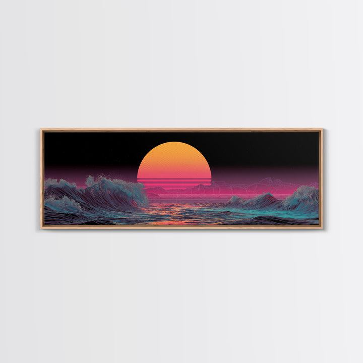 Retro Synthwave Ocean Sunset Wall Art, Neon Seascape Print, Vaporwave Coastal Decor, Futuristic Waves, Modern Gaming Room Art
