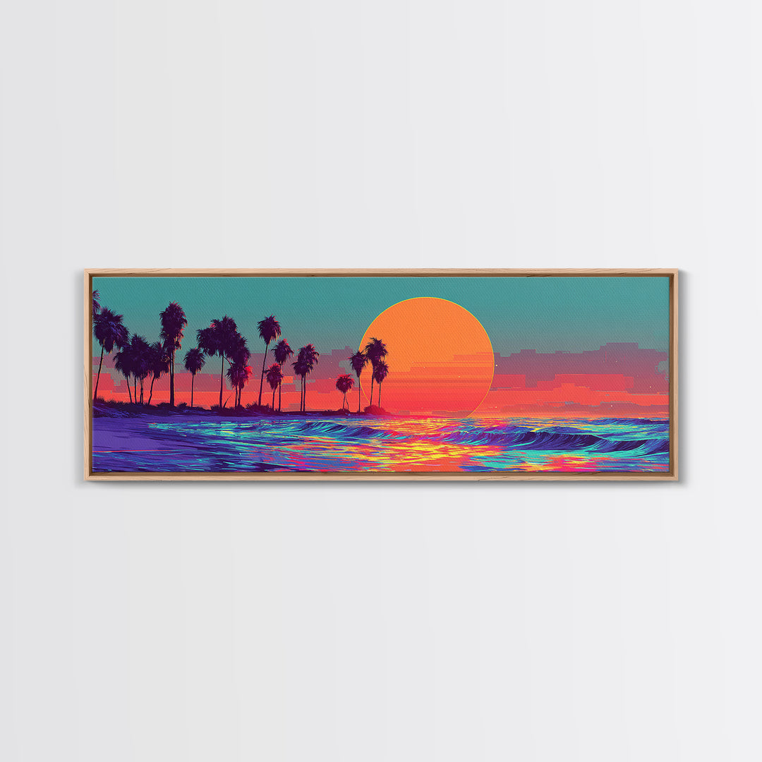 Neon Tropical Sunset Ocean Palms Canvas Print, Retro Vaporwave Wall Art, Coastal Decor, Beach House, Living Room Decor, Art Print