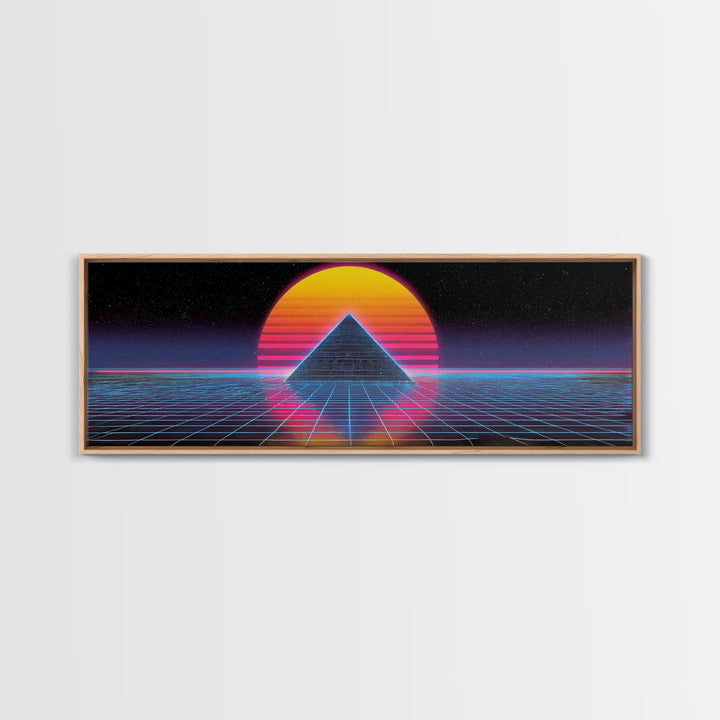 Neon Pyramid Grid Wall Art, Retro Futuristic Space Canvas Print, Synthwave Gaming Room Decor, Vaporwave Statement Art Gift