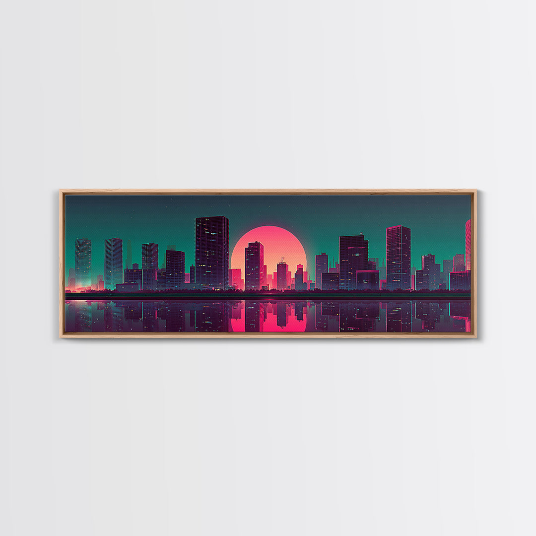 Neon City Skyline Reflection Canvas Print, Retro Futuristic Wall Art, Cyberpunk Office Decor, Modern Apartment Decor, Gift For Him
