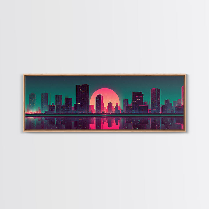 Neon City Skyline Reflection Canvas Print, Retro Futuristic Wall Art, Cyberpunk Office Decor, Modern Apartment Decor, Gift For Him