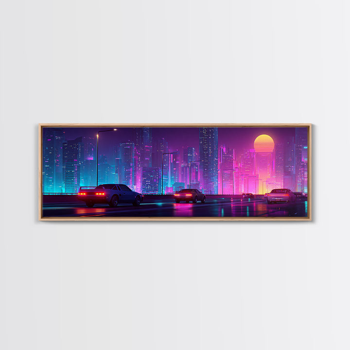 Cyberpunk Neon City Highway Canvas Print, Futuristic Car Wall Art, Synthwave Gaming Room Decor For Office And Man Cave Wall Decor