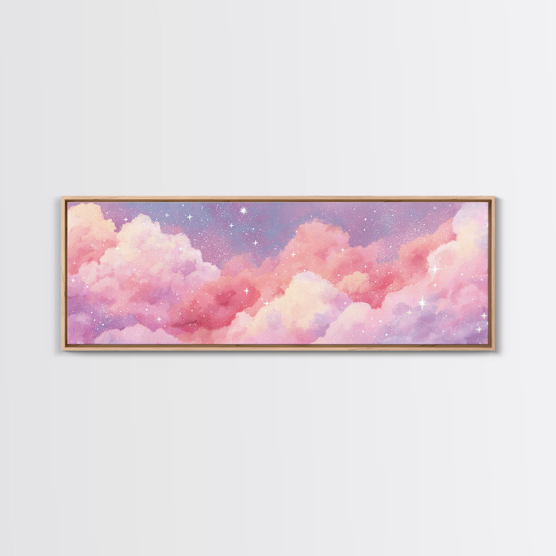 Pink Cotton Candy Clouds Wall Art, Dreamy Celestial Sky Print, Starry Nursery Decor, Pastel Bedroom Canvas Art Gift For Her