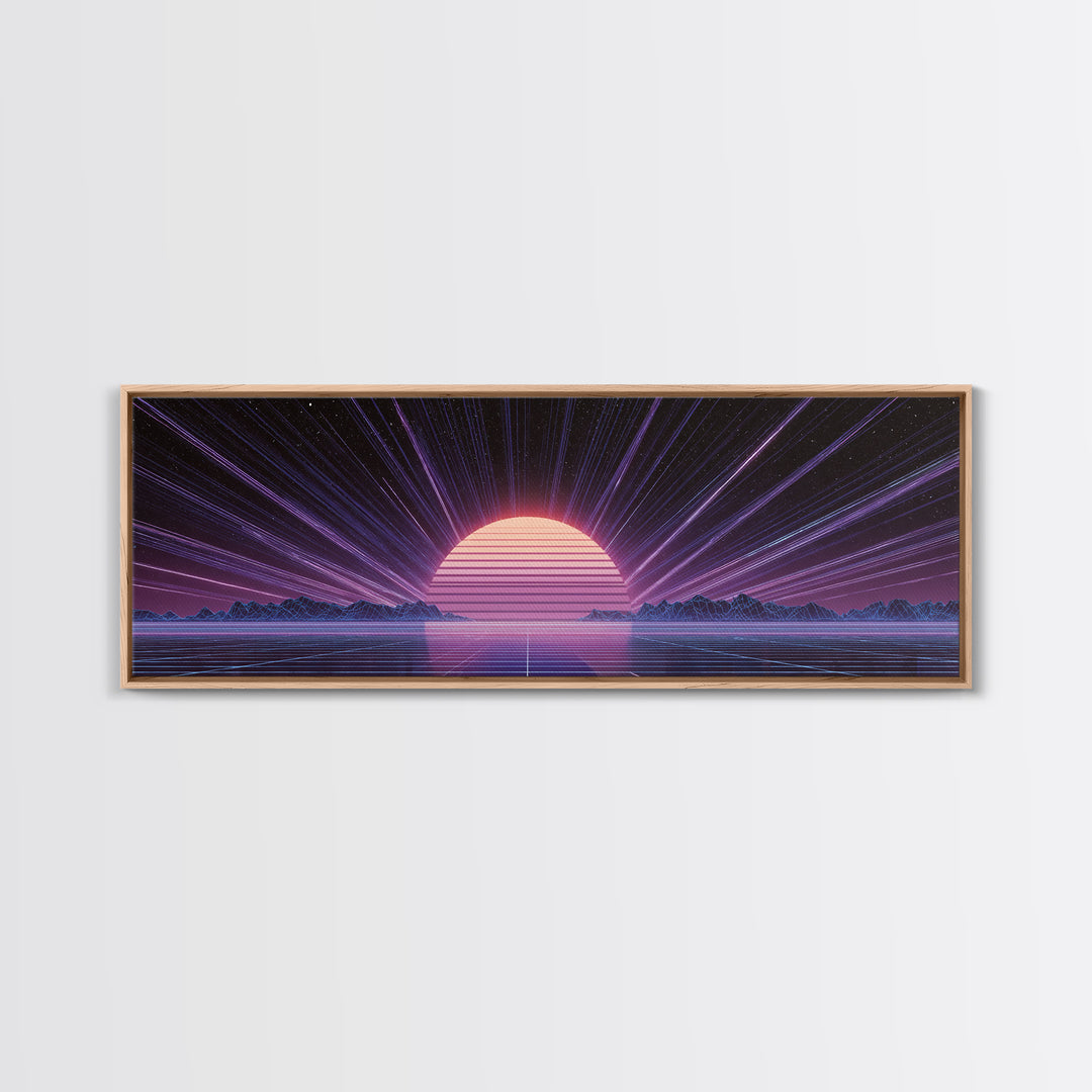 Retro Futuristic Sun Over Neon Lake Canvas Print, Synthwave Wall Art, Vaporwave Poster, Gaming Room Decor, Cyberpunk Gift