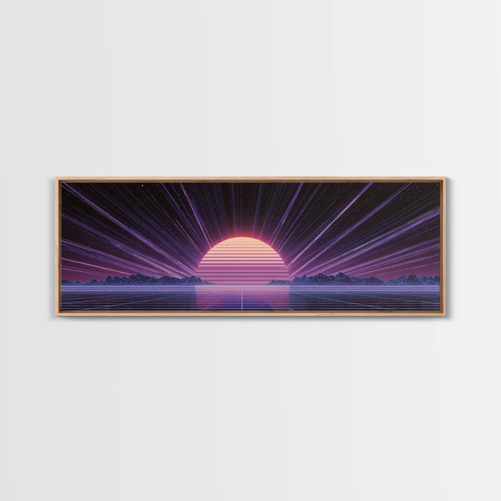 Retro Futuristic Sun Over Neon Lake Canvas Print, Synthwave Wall Art, Vaporwave Poster, Gaming Room Decor, Cyberpunk Gift