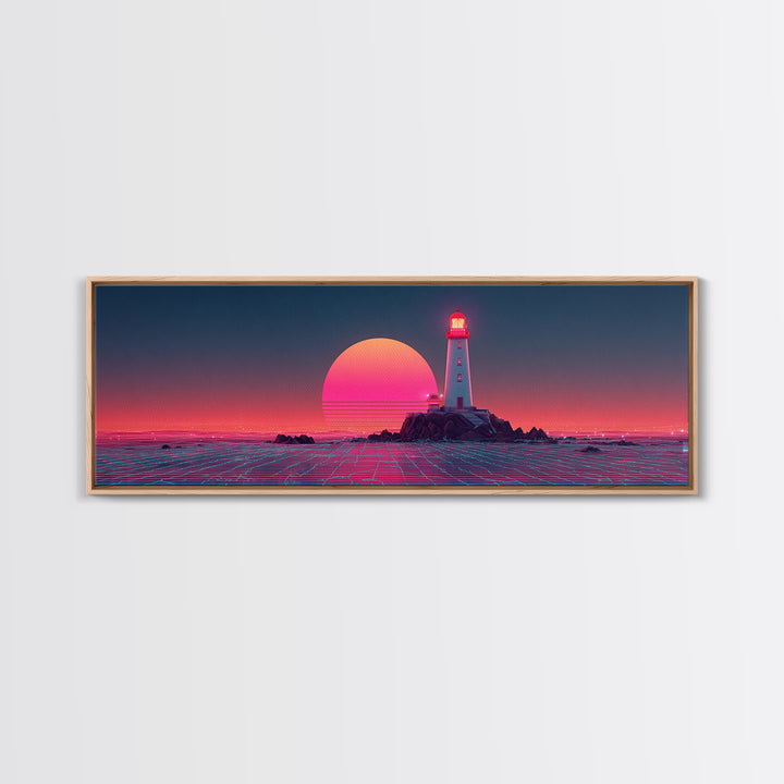 Neon Lighthouse Sunset Over Ocean, Synthwave Coastal Wall Art, Retro Futuristic Canvas Print, Large Beach House Decor, Wall Decor