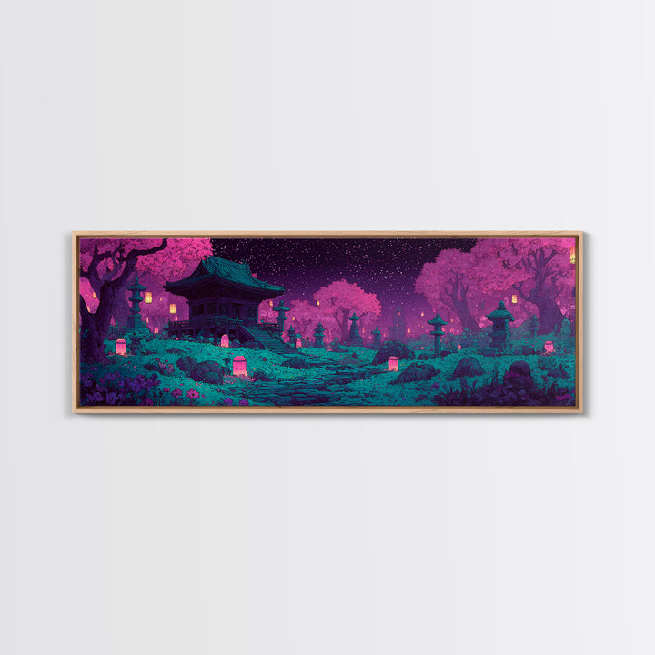 Pixel Art Cherry Blossom Shrine Wall Art, Japanese Garden Canvas Print, Whimsical Lantern Decor For Maximalist Room Wall Decor