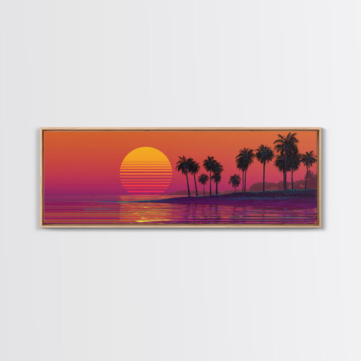 Retro Palm Beach Sunset Canvas Print, Tropical Ocean Wall Art, Vaporwave Coastal Decor For Living Room And Bedroom Wall Decor