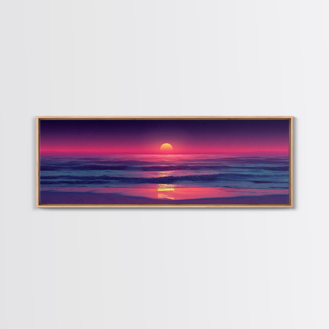 Pink Ocean Sunset Beach Canvas Print, Neon Seascape Wall Decor, Coastal Wall Art, Summer Beach House Living Room Decor Print