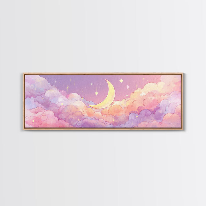 Cute Crescent Moon In Pastel Clouds Wall Art, Whimsical Celestial Nursery Decor, Pink Kids Room Canvas Print, Baby Shower Gift