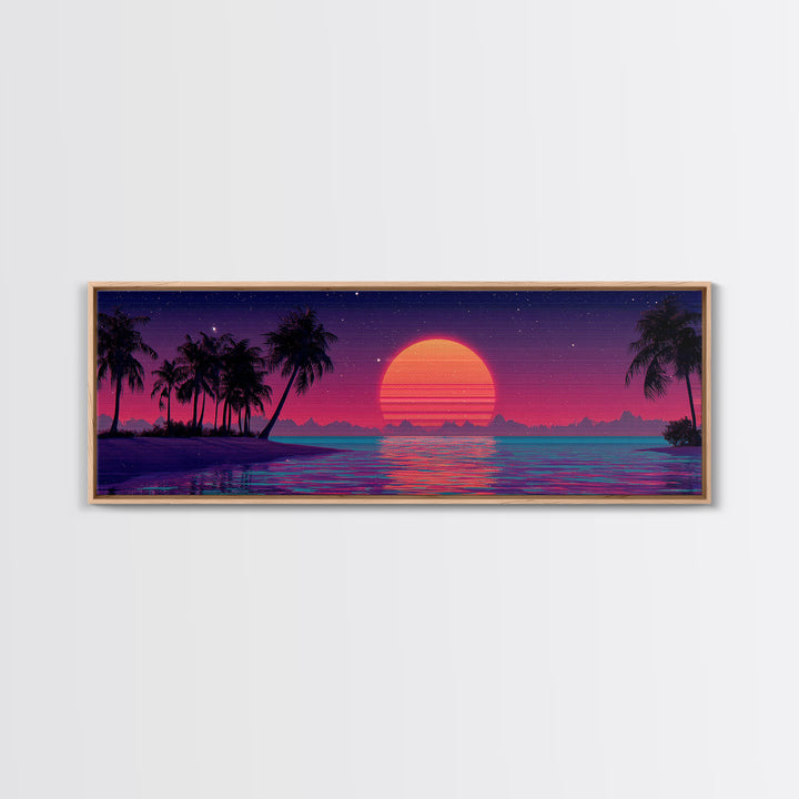 Neon Tropical Sunset With Palm Trees Wall Art, Retro Coastal Canvas Print, Beach House Decor, Large Panoramic Artwork For Living Room Decor