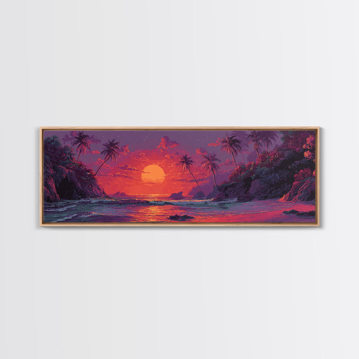 Vibrant Tropical Sunset Wall Art, Neon Palm Beach Seascape, Colorful Coastal Canvas Print, Island Living Room Home Decor Gift