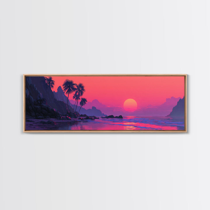 Magenta Tropical Cove Sunset Wall Art, Palm Island Ocean Landscape, Vaporwave Coastal Canvas Decor For Modern Living Room