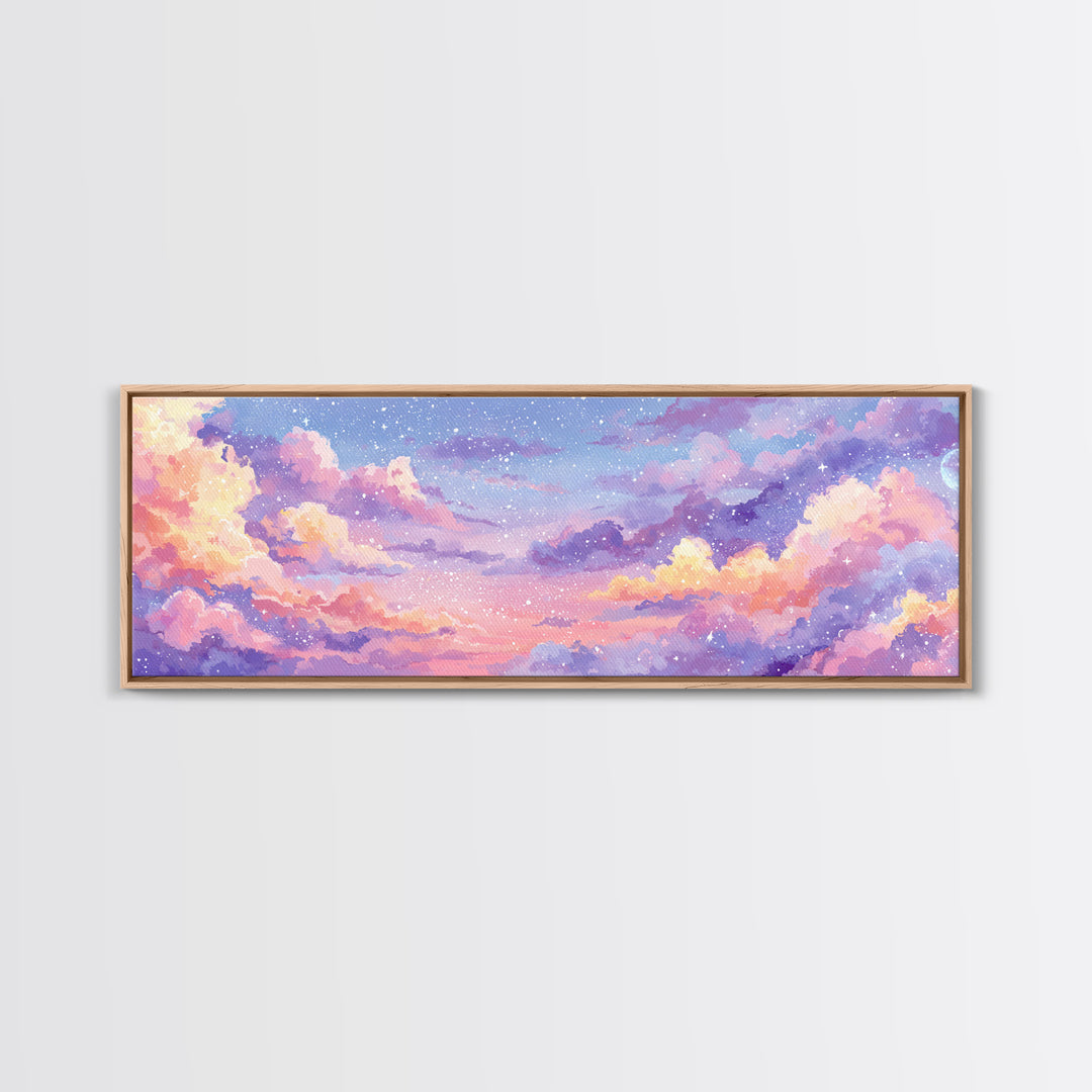Pastel Starry Cloudscape Sunset Wall Art, Dreamy Sky Canvas Print, Whimsical Nursery Decor, Soft Aesthetic Bedroom Print