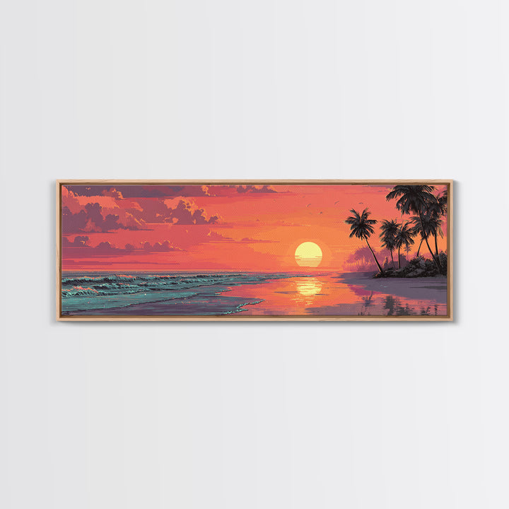 Pink Tropical Beach Sunset With Palm Trees Wall Art, Coastal Canvas Print, Ocean Decor, Summer Beach House Wall Decor, Living Room Art
