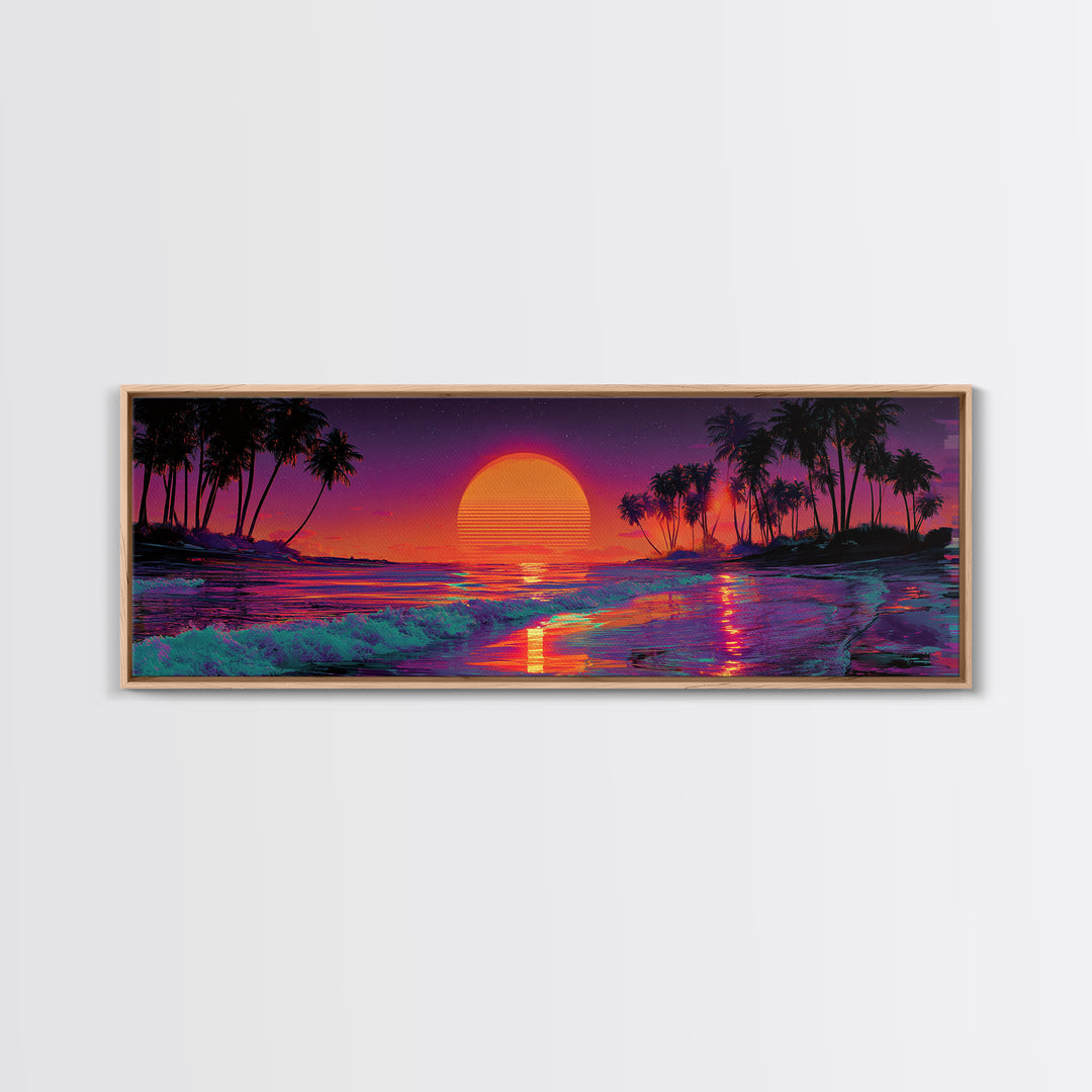 Tropical Sunset Beach With Palms And Waves, Coastal Wall Art, Retro Vaporwave Canvas Print, Beach House Decor, Large Wall Art