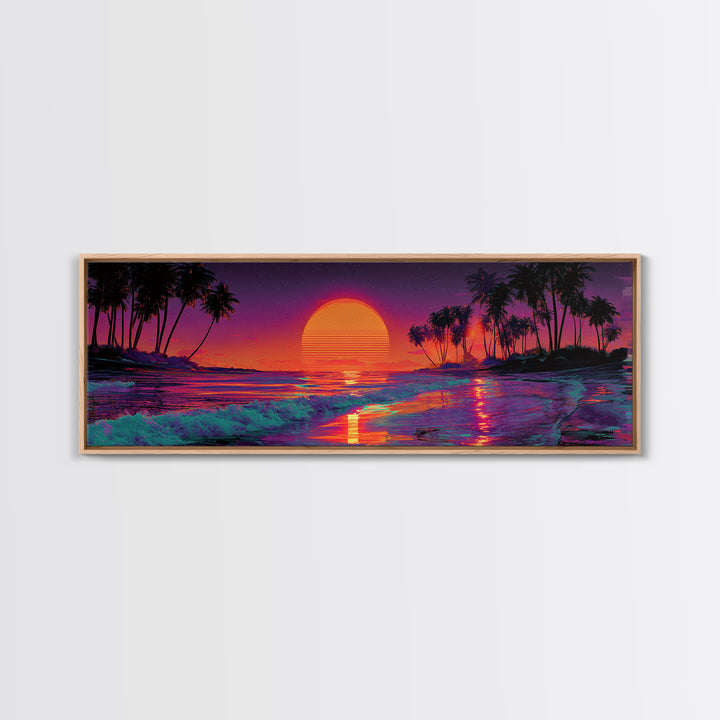 Tropical Sunset Beach With Palms And Waves, Coastal Wall Art, Retro Vaporwave Canvas Print, Beach House Decor, Large Wall Art
