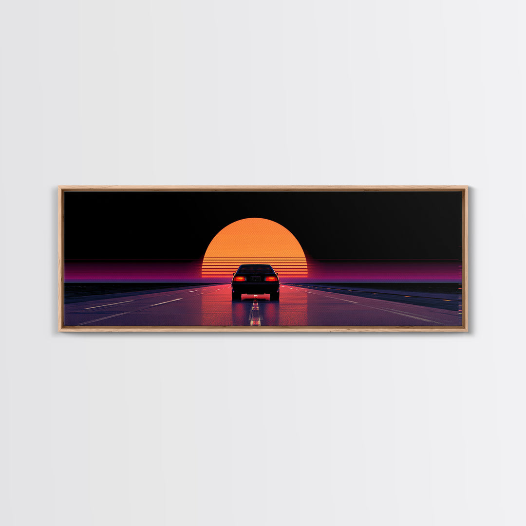 Retro Car Driving Into Striped Sunset, Synthwave Canvas Print, Vaporwave Wall Art, Man Cave Decor, Gift For Him, Retro Poster