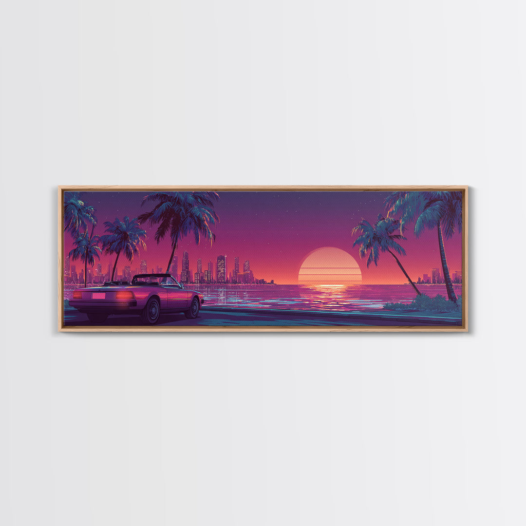 Neon Retro Sports Car On Palm Coast Canvas Print, Vaporwave City Wall Art, Synthwave Decor, Gift For Him, Man Cave Decor