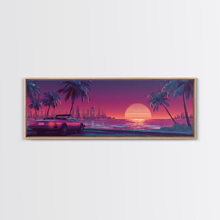 Neon Retro Sports Car On Palm Coast Canvas Print, Vaporwave City Wall Art, Synthwave Decor, Gift For Him, Man Cave Decor