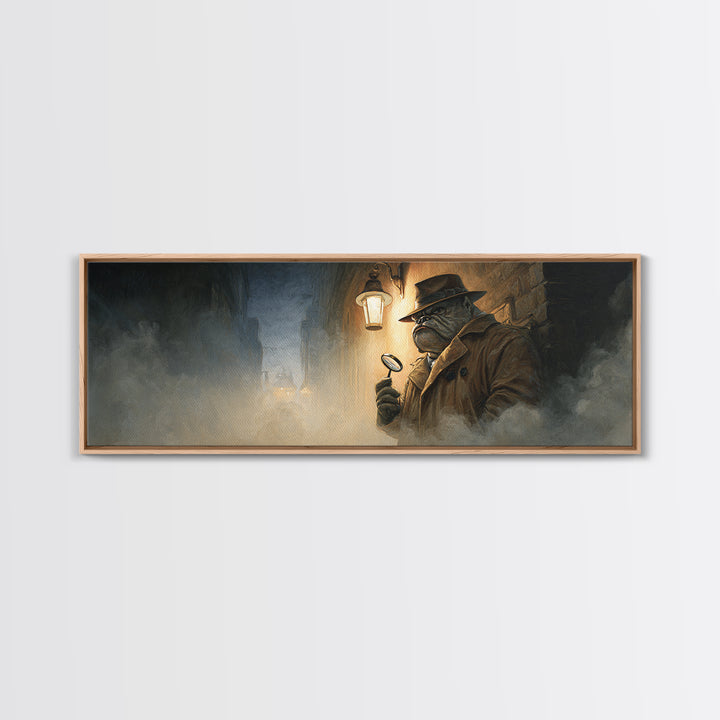 Noir Frog Detective In Foggy Alley Framed Canvas Print, Dark Academia Wall Art, Whimsical Animal Office Decor Gift For Him