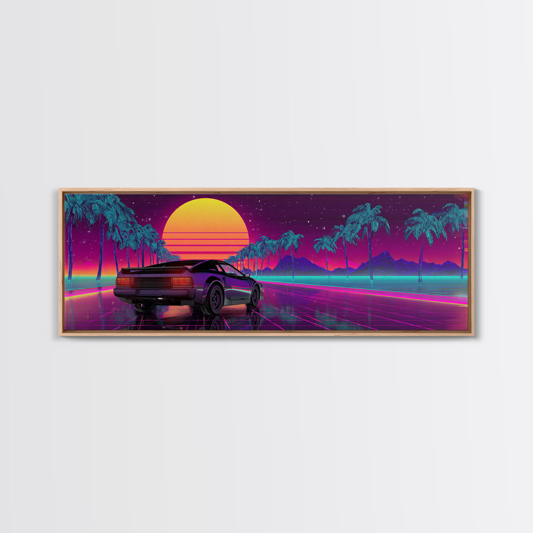 Vaporwave Sports Car Under Neon Palms Canvas Print, Retro Futuristic Wall Art, 80s Synthwave Decor, Gamer Room Poster, Modern Wall Decor