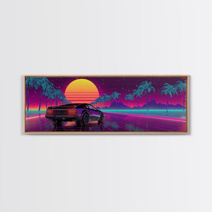 Vaporwave Sports Car Under Neon Palms Canvas Print, Retro Futuristic Wall Art, 80s Synthwave Decor, Gamer Room Poster, Modern Wall Decor