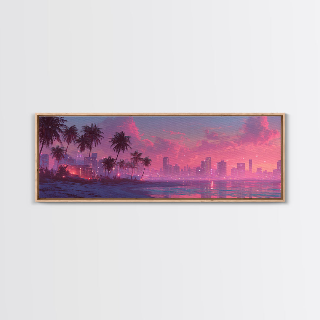 Pink Coastal City Beach Wall Art, Palm Skyline Canvas Print, Tropical Ocean Decor, Miami Style Poster, Modern Living Room Decor