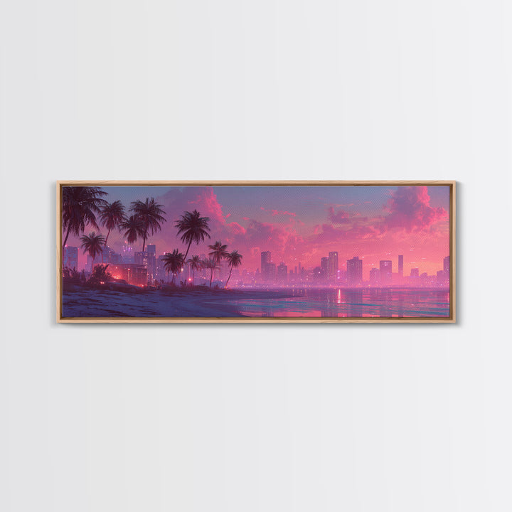 Pink Coastal City Beach Wall Art, Palm Skyline Canvas Print, Tropical Ocean Decor, Miami Style Poster, Modern Living Room Decor