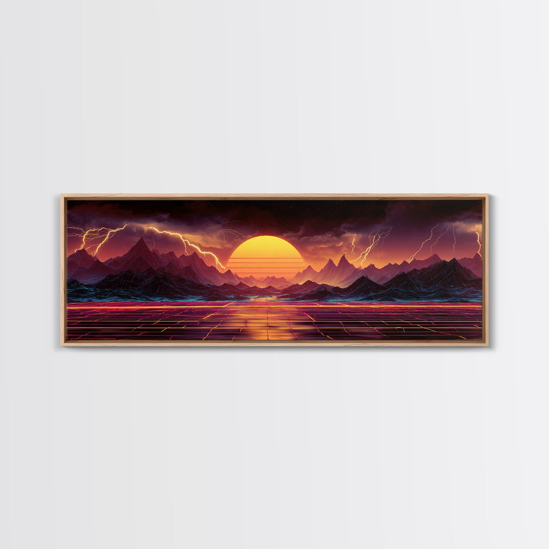 Neon Storm Mountains With Grid Sunset Wall Art, Retro Futuristic Canvas Print, Lightning Landscape For Gaming Room Decor