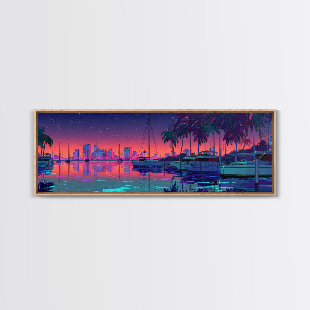 Neon Marina Skyline With Palm Trees Framed Canvas Print, Coastal City Wall Art, Miami Beach House Decor, Tropical Travel Poster
