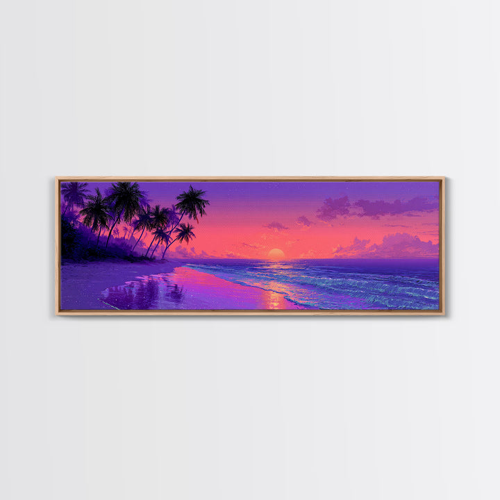 Purple Tropical Beach Sunset Canvas Print, Coastal Wall Art, Palm Tree Ocean Decor, Beach House Decor, Summer Bedroom Art