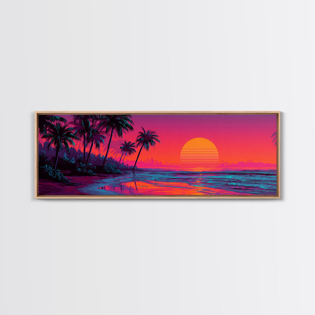 Synthwave Palm Beach Sunset Wall Art, Retro Tropical Ocean Canvas Print, Neon Coastal Decor, Colorful Summer Room Poster
