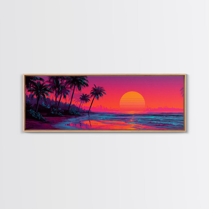 Synthwave Palm Beach Sunset Wall Art, Retro Tropical Ocean Canvas Print, Neon Coastal Decor, Colorful Summer Room Poster