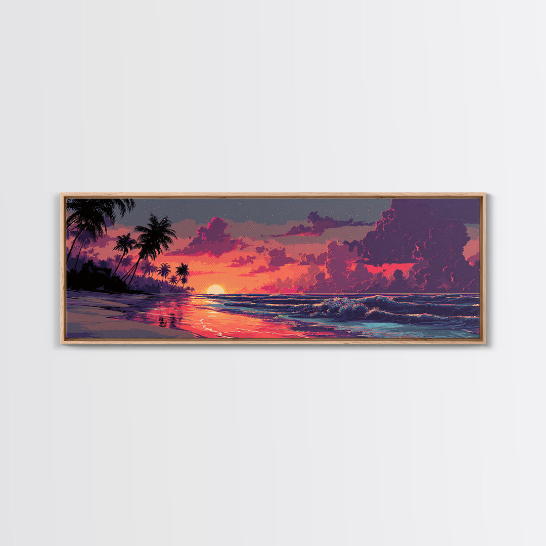 Tropical Palm Beach Sunset Wall Art, Coastal Home Decor, Ocean Wave Print, Beach House Canvas, Summer Living Room Decor Gift