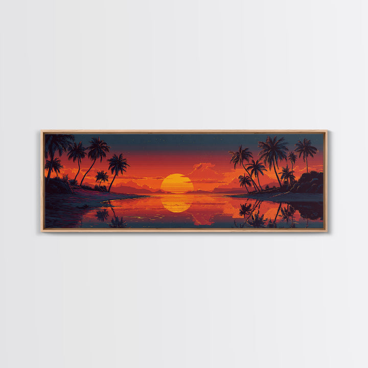 Retro Tropical Sunset Lagoon Wall Art, Pixel Beach Canvas Print, Palm Tree Decor, Coastal Wall Art, Vibrant Wall Decor, Home Decor