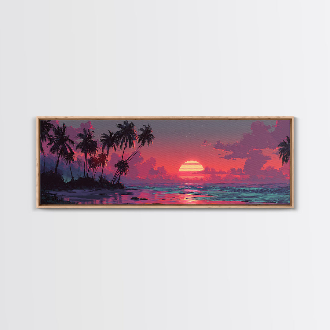 Tropical Island Sunset Canvas Print, Retro Beach Wall Art, Palm Tree Ocean Decor, Modern Coastal Bedroom Poster, Summer Vibes